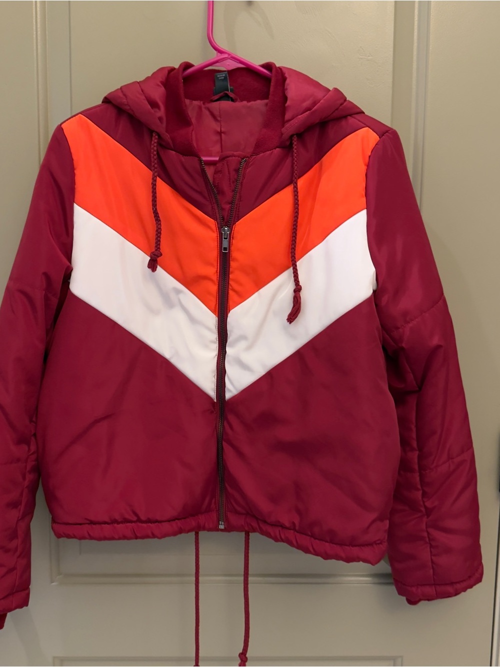 wild fable Maroon Puffer Jacket with Orange & White Chevron